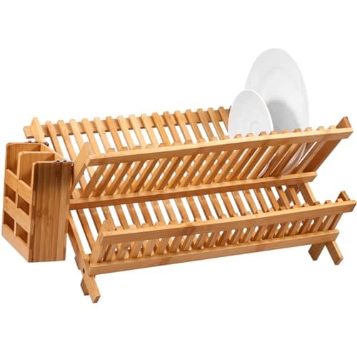 Image of Dish Drainer Drying Rack, Bamboo Dishes Drying Rack with 20 Slots, Collapsible 2 Tier Bowl and Dish Holder with Utensil Box, Bowl and Plate Storage Organiser for Kitchen Counter(2-Tier)