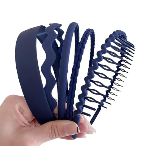Image of JIHUOO 5 Pcs Plastic Non Slip Headbands, Wide Head Bands, Skinny Hair Bands, Wavy Braided Hairbands, Teeth Comb Headbands, Fashion Hair Accessories for Women and Girls, Navy Blue