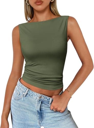 Image of Women Going Out Summer Y2K Tank Tops Casual Basic Cute Slim Fit Camisole Sleeveless Shirt Vacation Vest Top (Army Green,S)