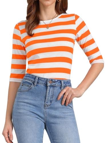 Image of Allegra K Women's Elbow Sleeves Top Round Neck Slim Fit Basic Tee Casual Printed T-Shirt Orange White-Striped L