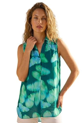 Image of Roman Sleeveless Shirt for Women UK Ladies Blouse Top Button Through Summer Smart Casual Work Cocktail Party Office Holiday Special Occassion Evening Going Out - Butterfly Green - Size 16