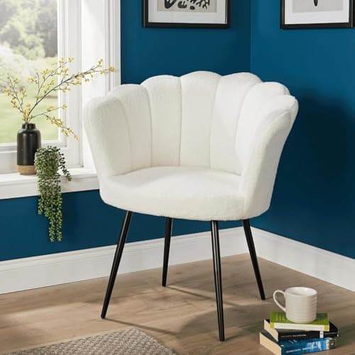 Image of Home Source Boucle Scallop Shell Chair Wing Back Armchair Occasional Sofa, White, Black Legs
