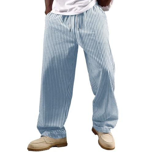 Image of Stripe Cotton Linen Trousers Men UK - Tracksuit Bottoms Mens Loose Fit Summer Sweatpants Lightweight Breathable Linen Pants Elasticated Waist Baggy Trouser Striped Printed Casual Wide Leg Pants