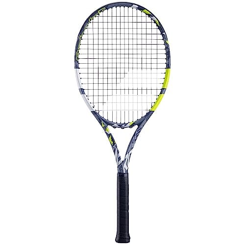 Image of Babolat - Evo Aero Rope Tennis Racket for Adults - Ideal for Progressing - Power and Comfort - Spin Alpha Aerodynamic Frame - Comfortable Syntec Evo Grip 3 - French Brand - Grey/Yellow