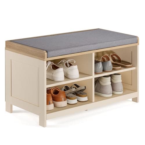 Image of VonHaus Shoe Storage Bench with Padded Seat - Hallway Bench & 4 Open Shelves - Multifunctional Hall Footwear Unit with Wood Effect Top - Storage Solutions for Entryway & Porch - Ash Hall (Cream)