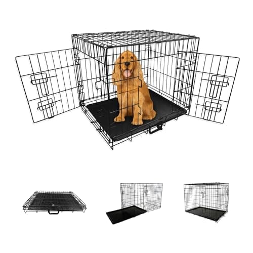 Image of Straame Heavy-Duty Folding Dog Crate for Medium Dogs, 78 × 46 × 53 cm (30″) Black Metal Cage with Front & Side Doors, Chew-Resistant, Removable Easy-Clean Plastic Tray & Carry Handle