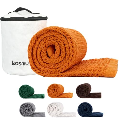 Image of KOSMU Luxury Japanese Cotton Waffle Bath Towel | Plush, Absorbent, and Quick Dry | Free Storage Bag Included (Coral Orange, 140 x 85 cm)