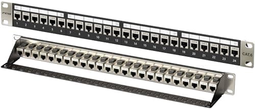 Image of FGB 1U 24 Port Patch Panel and Cat6 RJ45 Shielded Keystone Coupler, 19" Rackmount or Wall Mount Patch Panel with Back Bar, Network Patch Panel for Gigabit Network Switch