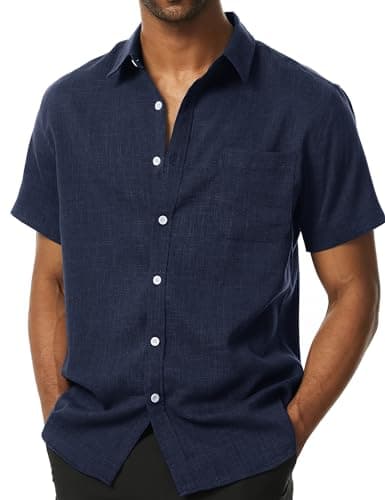 Image of PARKLEES Men's Summer Casual Cotton Linen Regular Fit Short Sleeve Shirt Vacation Fashion Button Down Shirt with Pockets Navy Large