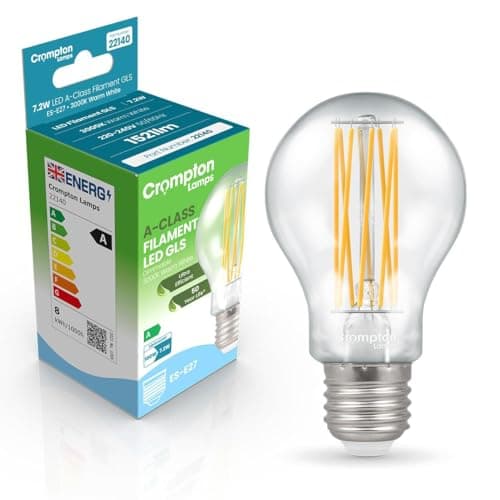Image of Crompton Lamps LED Ultra-Efficient GLS 7.2W ES-E27 Dimmable A-Class (100W Equivalent) 3000K Warm White Clear 1521lm ES Screw E27 Energy Efficient Filament A-Rated Light Bulb