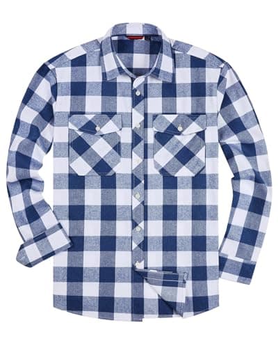 Image of siliteelon Flannel Shirt Checked Shirt for Men Plaid Shirt Cotton Lumberjack Regular Fit Men's Long Sleeve,XL Navy-White