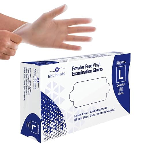 Image of MediHands Vinyl Clear Gloves Large Disposable Surgical Gloves, Box of 100 Powder Free Latex Free & Protein Free, Medical Gloves, Food, Multi Use
