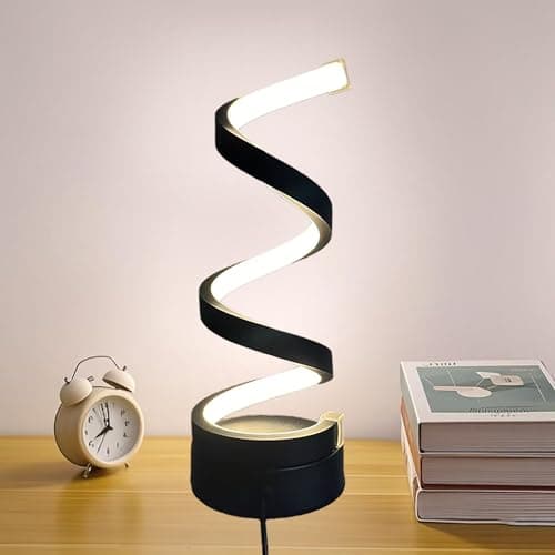 Image of 1PCS Decorative table lamp, mini bedside lamp, 3-color temperature adjustable LED light, modern spiral design, suitable for bedroom, living room and office lighting and decoration, curved art (black)