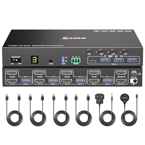 Image of 4 Port HDMI KVM Switch 2 Monitors 4 Computers 4K@60Hz EDID Simulation,Dual Monitor KVM Switch with 4 USB 3.0 Ports for USB Peripherals,Audio,RS232,with Wired Remote,12V Power and 4 USB Cables
