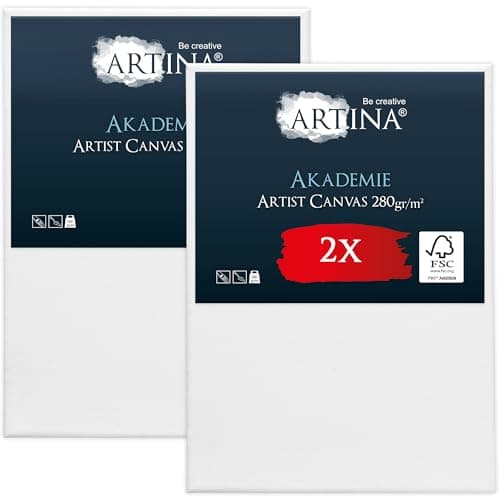 Image of Artina FSC® Canvas for Painting 50x70 cm - 2pcs Blank Canvases for Art for Acrylic, Watercolour & Oil Painting - 100% Cotton Canvas Stretcher Frame 280 g/m² - Akademie