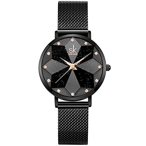 Image of SHENGKE Creative Starry Sky Women Watch with Stainless Steel Mesh Band Genuine Leather Elegant Floral Women Watches(Starry-Mesh Band-Black)