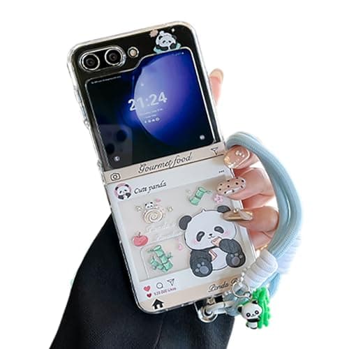 Image of SCJLSDA for Samsung Galaxy Z Flip 7 Case Cover,Cute Funny Panda Cartoon Pattern,Kawaii Animal Phone Protective Cover With Bracelet for Woman Girls (panda)