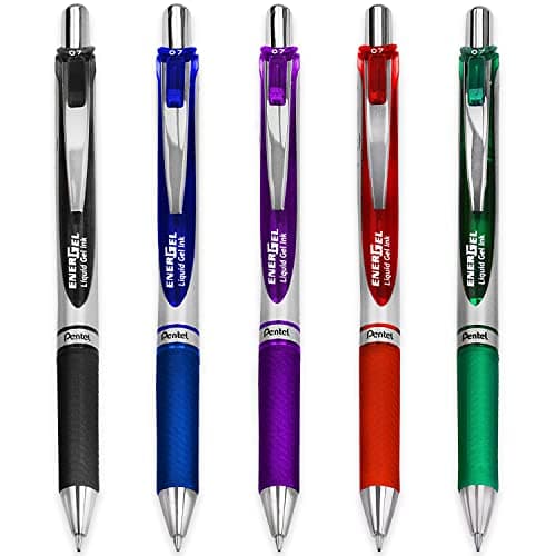 Image of Pentel EnerGel XM BL77 - Retractable Liquid Gel Ink Pen - 0.7mm - 54% Recycled - Black, Blue, Red, Green & Violet Ink - Pack of 5