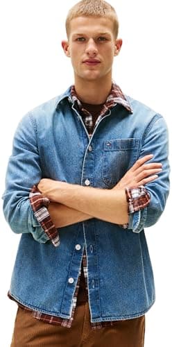 Image of Tommy Jeans Men’s Regular Fit Denim Shirt with Chest Pocket, Blue (Denim Medium 01), M