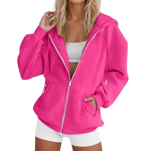 Image of Hoodies For Women UK Oversized Hoodie Zip Up Sweatshirts Trendy Casual Loose Long Sleeve Crewneck Pullover Comfy Fall Winter Cloth Fashion Ladies Outfit Hot Pink