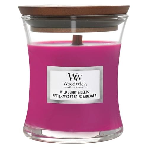 Image of WoodWick Scented Candle with Crackling Wick | Wild Berry & Beets Mini Hourglass Candle | Up to 20 Hours Burn Time | Perfect Gifts for Women