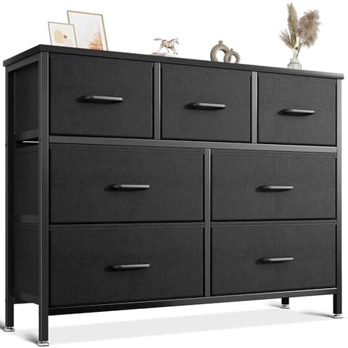 Image of Coleshome Chest of Drawers Bedroom, 7 Drawer Fabric Storage Unit, Clothes Organiser Dresser, Wide Black Cabinet with Metal Frame, Space Saving Furniture for Apartment & Hallway