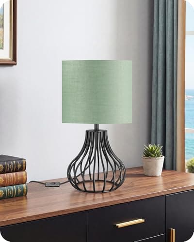 Image of GOEBELSON Bedside Table Lamp, Black Metal Table Lamp with Green Linen Lampshade, Modern Bedside Lamps for Bedroom, Industrial Cute Desk Lamp, 4W 2700K LED Bulb Included ZJ10TLK05