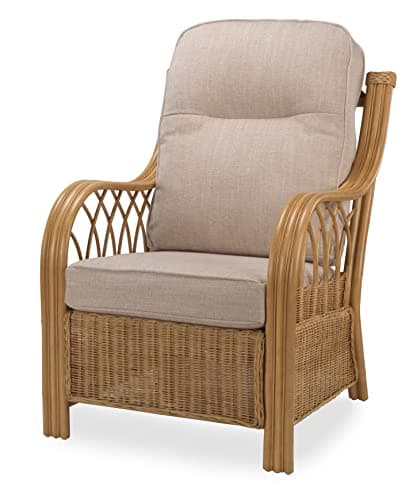 Image of Desser Viola Rattan Conservatory Chair – Fully Assembled Armchair with Biscuit Fabric – Indoor Luxury Real Cane Wicker Light Oak with UK Made Cushions - H107cm x W72cm x D87cm