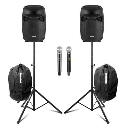 Image of Vonyx VPS082A 8-Inch Active Bluetooth PA Speaker System with Stands, Carry Bags and Dual Wireless UHF Microphones - DJ & Karaoke Speaker Set