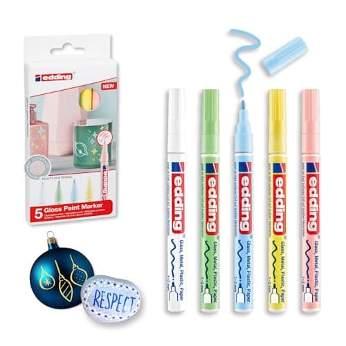 Image of edding 751 gloss paint marker set - white, yellow, green, rose, blue (pastel) - 5 paint markers - round tip 1-2 mm - paint pen for glass, pebbles, wood, plastic, paper - waterproof, high coverage