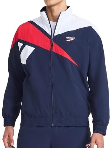 Image of Reebok Apparel Men's Track Jacket, Standard Fit, Lightweight Nylon Fabric, Vector Navy, L