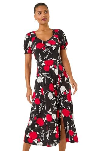 Image of Roman Floral Print Dress for Women UK Ladies Sweetheart Neck Ruched Midi Maxi Long Length Short Sleeve Flattering Casual Summer Spring Party Evening Going Out - Floral Black Red - Size 10
