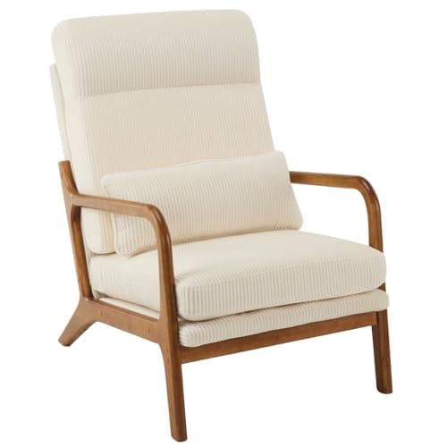 Image of Karl home Accent Chair, Mid-Century Modern Armchiar Lounge Reading Chair with Pillow High Back Corduroy Upholstered Solid Wood Frame & Soft Cushion for Living Room, Bedroom, Balcony, Beige
