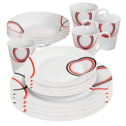 Image of 16 Piece Dinner Set - Red & Black Patterns Dinnerware Set | 4 Bowls, 4 Side Plates, 4 Mugs, 4 Soup Plates | Kitchen Microwave & Dishwasher Safe - for Cereal, Desserts, Porcelain Cup, Gift