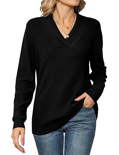 Image of IECCP Ladies Jumpers V Neck Women's Long Sleeve Tops Lapel Knit Sweater Solid Color Pullover Black L