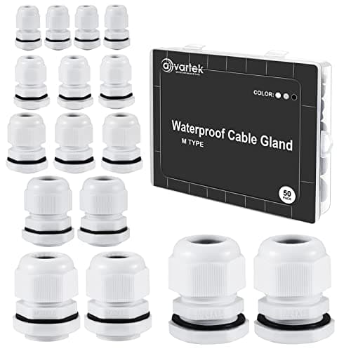 Image of 50 Pack Waterproof Cable Glands Adjustable 3-16mm Cable Connectors M12 M16 M18 M20 M22 M24 Plastic Cable Glands Connectors with Locknut and Washer - AVARTEK (White)
