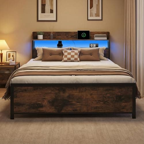 Image of COSTWAY 5FT King Size Bed Frame with RGB LED Lights, Charging Station, Storage Headboard and Underbed Space, Industrial Metal Slats Support Platform Bed Base Mattress Foundation, Rustic Brown