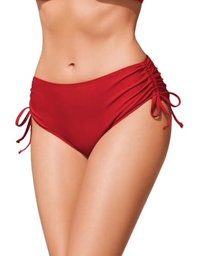 Image of Ekouaer Women's Bikini Bottoms Adjustable Drawstring with Side Tie Stretchy Swimsuit Swim Bottom Mid Waist Swimwear Swimming Briefs Red S