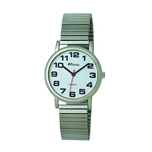 Image of Ravel Women's Easy Read Watch with Big Numbers on Stainless Steel Expander Bracelet - Silver Tone/White Dial
