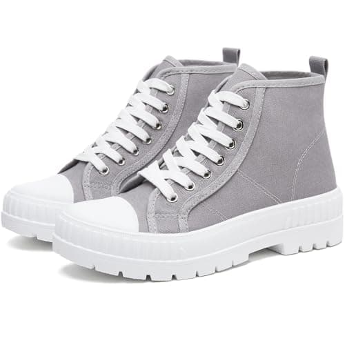 Image of Rominz Women's White Platform Sneakers Fashion High Top Canvas Shoes for Women Black Lace-Up Canvas Sneakers Casual Platform Tennis Shoes, Grey, 4.5 UK