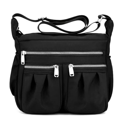 Image of SODOLLEE Women Shoulder Bag Fashion Print Crossbody Bag Lightweight Ladies Cross Body Bag Multiple Pockets Nylon Messenger Bag for Shopping Travel Black