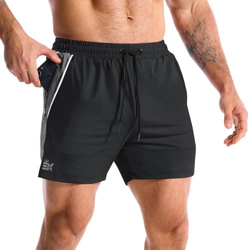 Image of BROKIG Men's DriArmor Gym Shorts, Lightweight Sports Running Tennis Training Short with Mesh Zip Pockets (Medium, Black)