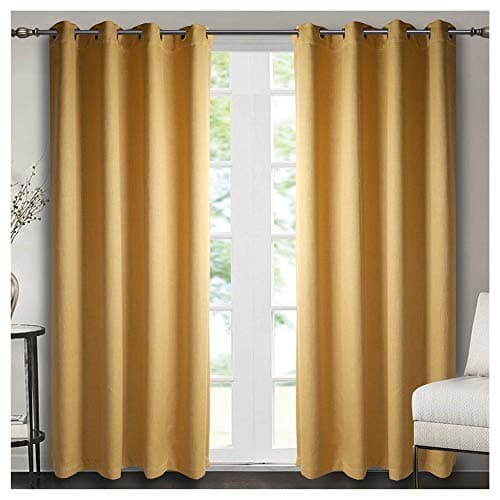 Image of Singinglory Blackout Curtains Faux Linen Thermal Insulated One Pair Pencil Pleat with Tie Backs Curtains for Bedroom & Living Room Ochre 90"x90"