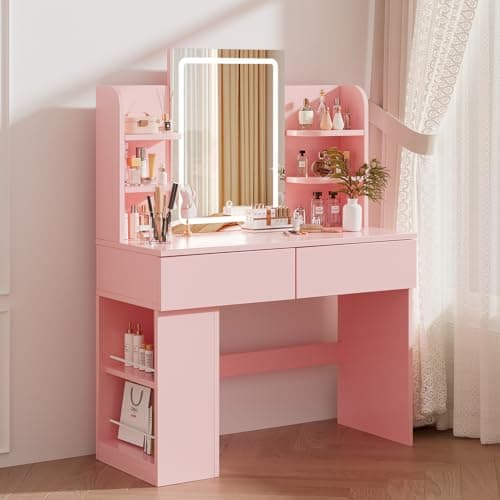 Image of Airfish Dressing Table with LED Light,Vanity Desk with Mirror and Concealed LED Light Strip, MakeUp Desk with Two Drawers and One Sideboard,Modern (Pink, 90 x 40 cm)