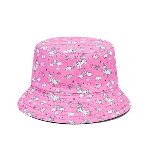 Image of QKURT Kids Sun Hat, Children Sun Protection Bucket Hat Reversible Beach Cap Fishing Hats Summer Fisherman Hats with Unicorn for Outdoor Play for Girls 2-6 Years Old Dark Pink