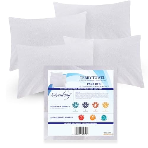 Image of Eutony Pillow Protectors Waterproof 4 Pack Terry Towel Zipped - Ultra Luxe Zipped Waterproof Pillow Protectors, Soft & Breathable Hypoallergenic 50 x 75cm - White