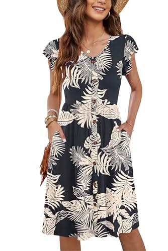 Image of MOLERANI Women Summer Dresses V Neck Ruffle Sleeve Casual Swing Elastic Waist Midi Dress with Pockets Froest Leaf 2XL
