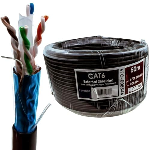 Image of kenable External Shielded CAT6 Outdoor Ethernet Cable F/UTP Full Copper 23AWG Reel with Drain Wire UV Resistant PE Sheath 50m Black