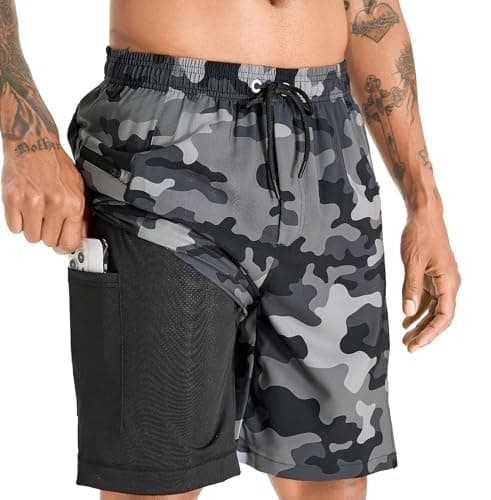 Image of APTRO Swimming Shorts Men Swim Trunks with Compression Liner 2 in 1 Quick Dry Beach Summer 9'' Board Shorts with Zipper Pockets Camouflage Grey MK284 XL