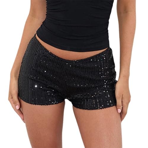 Image of Acrawnni Women's Sparkly Sequin Shorts Elastic Low Waist Y2k Party Rave Hot Pants Bodycon Fit Sparkle Night Out Booty Shorts Streetwear (A-Black, S)